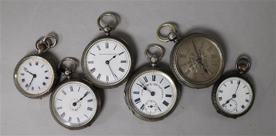 Six assorted silver fob watches.